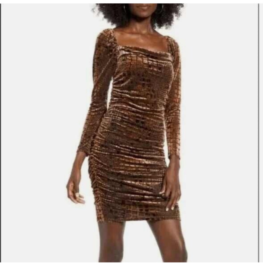 Rouched gold velvet reptile print dress